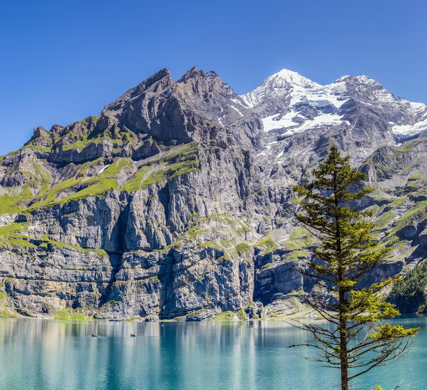 Boat trip around Lake  Oeschinensee Bernese Oberland Kandersteg Canton of Bern Switzerland Europe