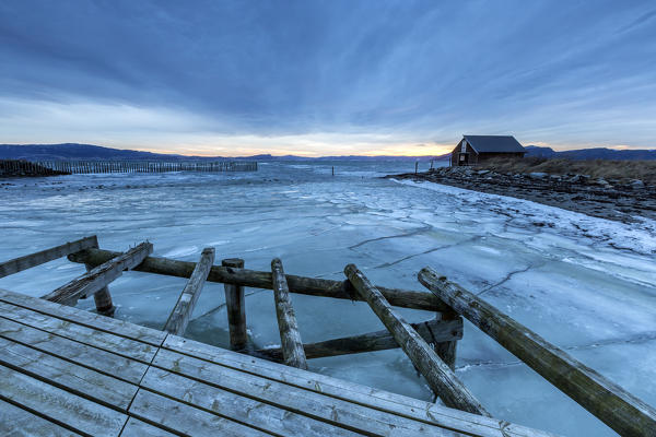 The wooden deck in the icy sea Kystensarv Trøndelag Norway Europe