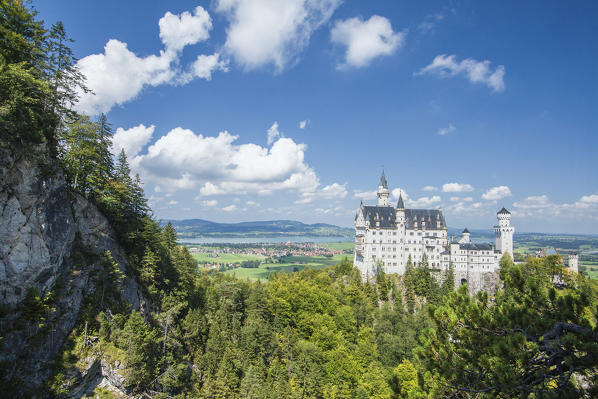 Neuschwanstein castle surrounded by woods Fussen  Bavaria southern Germany Europe