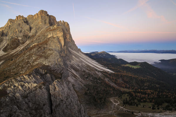 Pink sky frames the rocky peaks Furcella De Furcia Odle Funes Valley South Tyrol Dolomites Trentino Alto Adige Italy Europe