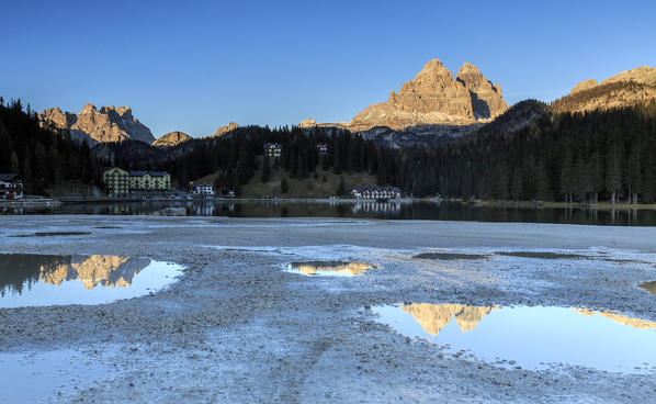 The Three Peaks of Lavaredo are reflected in Lake Misurina Auronzo of Cadore Veneto Italy Europe