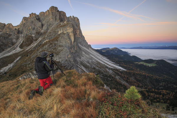 Photographer in action Furcella De Furcia Odle Funes Valley South Tyrol Dolomites Trentino Alto Adige Italy Europe