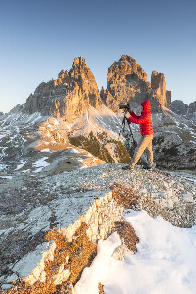 Photographer in action Three Peaks of Lavaredo Dolomites Auronzo of Cadore Veneto Italy Europe