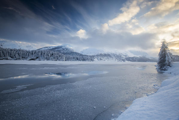 The shore of the frozen Lake Sils Upper Engadine Canton of Grisons Switzerland Europe