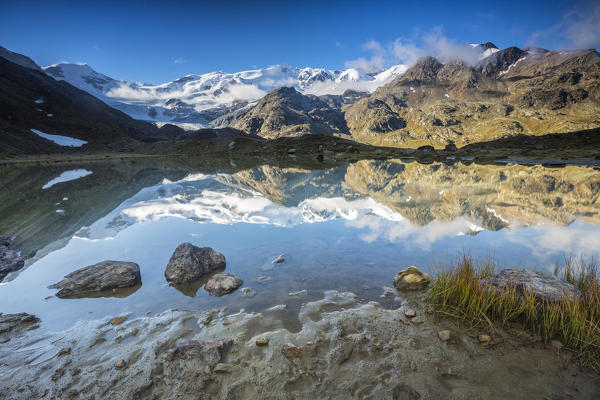 Sunrise at Lake Rosole with Peak San Matteo in the background  Forni Valley  Valfurva Valtellina Lombardy Italy Europe