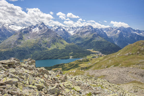 Top view of Lake Sils with snowy peaks in background Engadine Canton of Grisons Switzerland Europe