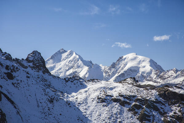 Snowy peaks on Bernina Group Languard Valley Engadine Canton of Grisons Switzerland Europe