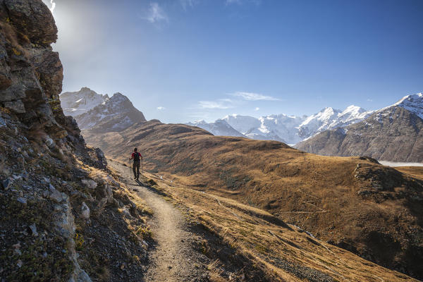 Hiker in the sunlight Languard Valley Engadine Canton of Grisons Switzerland Europe