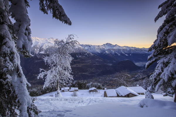 Lights of dawn on snow covered huts and trees Tagliate Di Sopra Gerola Valley Valtellina Orobie Alps Lombardy Italy Europe