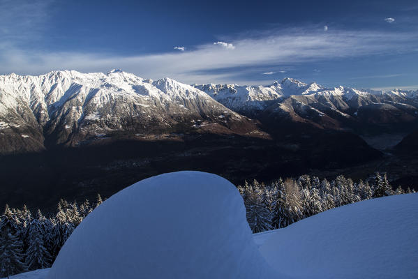 Snow covered trees and  Mount Disgrazia in the background Olano Gerola Valley Valtellina Rhaetian Alps Lombardy Italy Europe