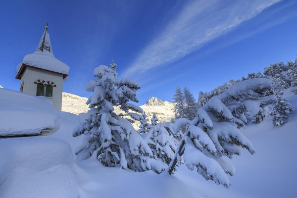 The bell tower submerged by snow surrounded by woods Maloja Canton of Graubünden Engadine Switzerland Europe