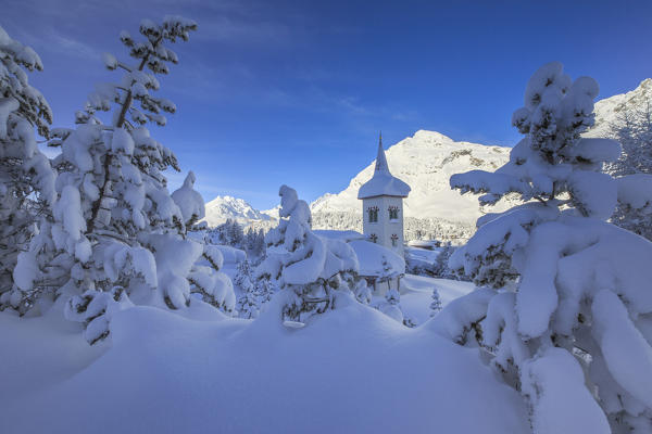 The bell tower submerged by snow surrounded by woods Maloja Canton of Graubünden Engadine Switzerland Europe