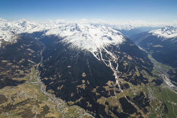 Aerial view of Bormio Ski Area Valfurva Valtellina Lombardy Italy Europe