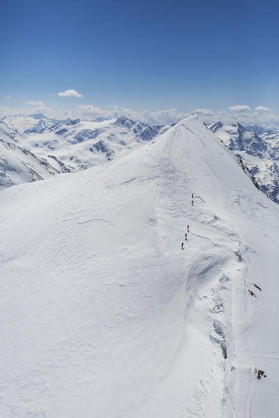 Aerial view of Forni Glacier and alpine skiers on Mount Cevedale Valtellina Lombardy Italy Europe