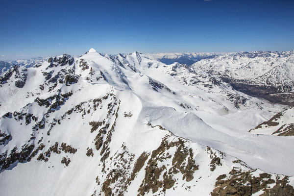 Aerial view of Forni Glacier and Peak San Matteo Valtellina Valfurva Lombardy Italy Europe