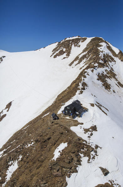 Aerial view of Forni Glacier and Refuge and Mount Vioz Valtellina Lombardy Italy Europe