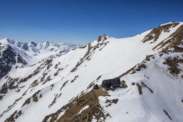 Aerial view of Forni Glacier and Refuge and Mount Vioz Valtellina Lombardy Italy Europe