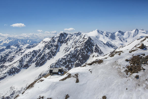 Aerial view of Forni Glacier and Refuge Vioz Valtellina Lombardy Italy Europe