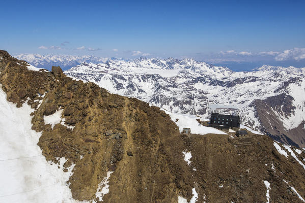 Aerial view of Forni Glacier and Refuge Vioz Valtellina Lombardy Italy Europe