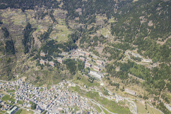 Aerial view of Sondalo and its hospitals Valtellina Lombardy Italy Europe