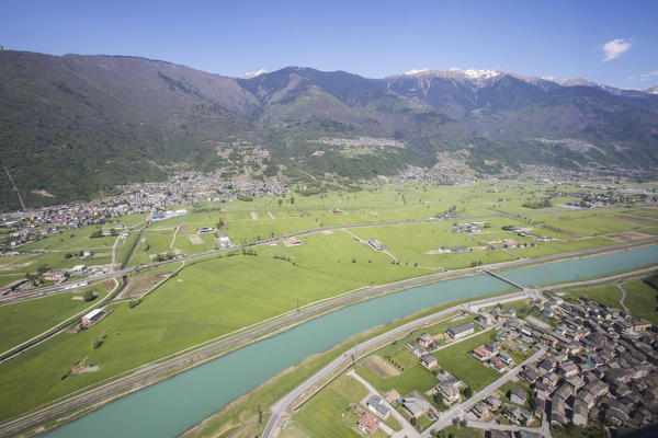 Aerial view of Sirta and Adda River Masino Valley Lower Valtellina Lombardy Italy Europe
