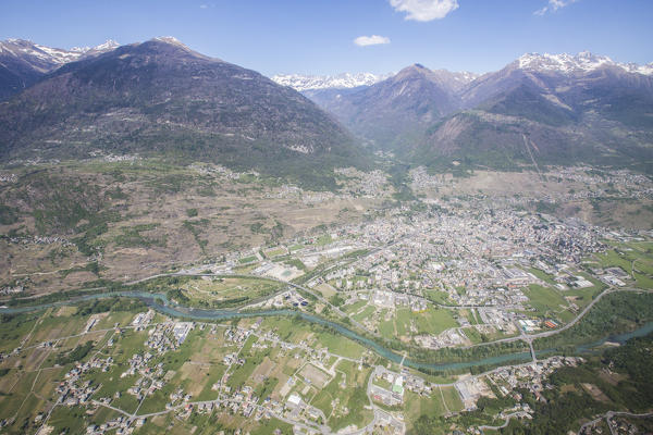 Aerial view of Sondrio and Bernina Group Lower Valtellina Lombardy Italy Europe
