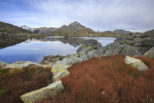 Autumnal view of Laghi Azzurri and Peak Tambò Chiavenna Valley Spluga Valley Valtellina Lombardy Italy Europe