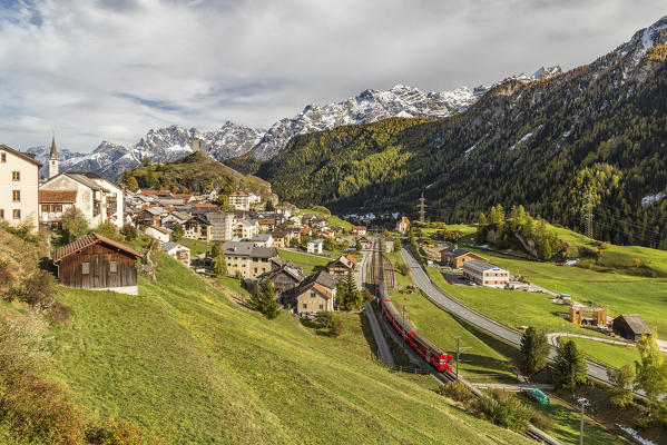 View of Ardez village surrounded by woods and snowy peaks Lower Engadine Canton of Graubünden Switzerland Europe