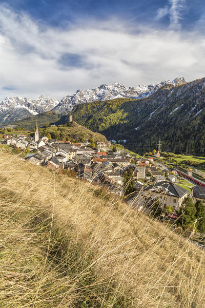 View of Ardez village surrounded by woods and snowy peaks Lower Engadine Canton of Graubünden Switzerland Europe