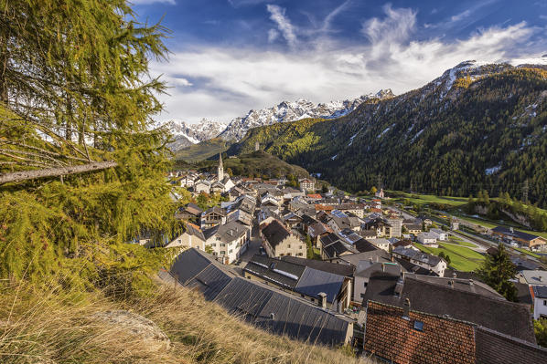 View of Ardez village surrounded by woods and snowy peaks Lower Engadine Canton of Graubünden Switzerland Europe