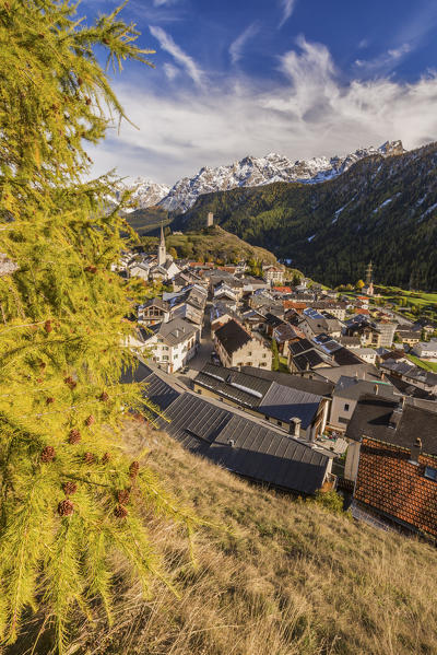 View of Ardez village surrounded by woods and snowy peaks Lower Engadine Canton of Graubünden Switzerland Europe