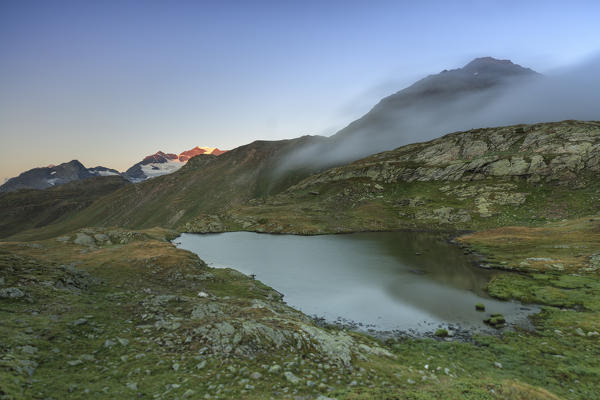 Mist at sunrise on the alpine lake in the background the snowy peaks Minor Valley Alta Valtellina Livigno Lombardy Italy Europe