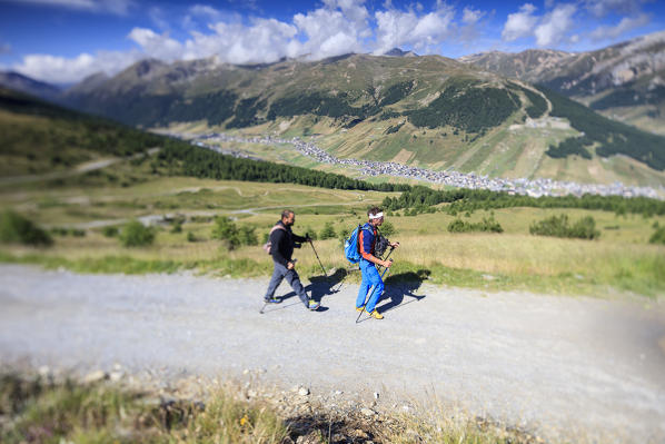 Hikers walking along the path Minor Valley Livigno High Valtellina Lombardy Italy Europe