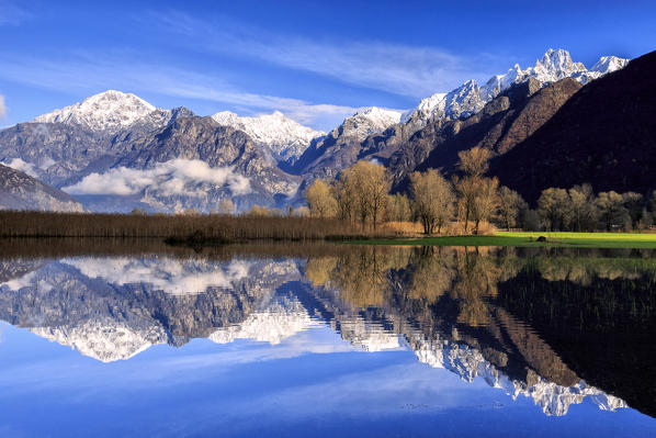 The natural reserve of Pian di Spagna flooded with snowy peaks reflected in the water Valtellina Lombardy Italy Europe