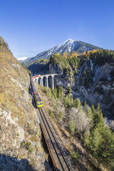 Bernina Express passes through Landwasser Viadukt surrounded by colorful woods Canton of Graubünden Switzerland Europe