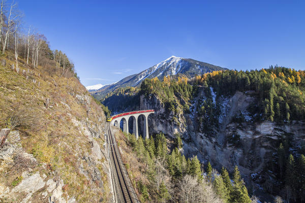 Bernina Express passes through Landwasser Viadukt surrounded by colorful woods Canton of Graubünden Switzerland Europe