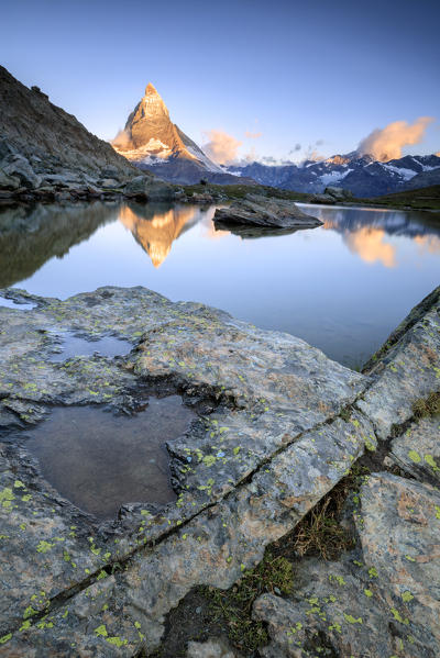 Matterhorn reflected in Lake Stellisee at dawn Zermatt Pennine Alps Canton of Valais Switzerland Europe