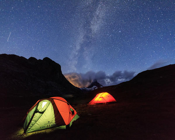 Camping on the shores of Lake Stellisee under the stars and Milky Way  Zermatt Canton of Valais Switzerland Europe