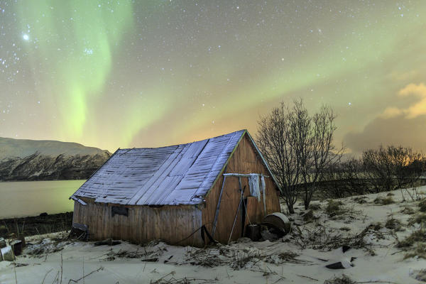 The Northern Lights illuminates the wooden cabin Svensby Lyngen Alps Tromsø Lapland Norway Europe