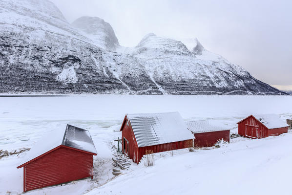 Typical wooden huts in the snowy landscape of Lyngseidet Lyngen Alps Tromsø Lapland Norway Europe