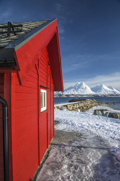 A typical house of fishermen called rorbu in the snowy landscape of Lyngen Alps Tromsø Lapland Norway Europe