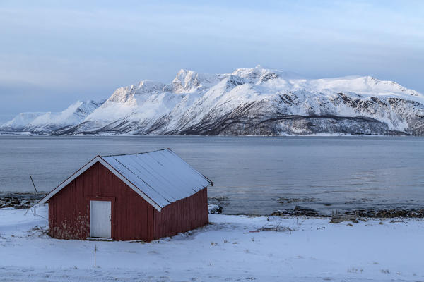 A typical house of fishermen called rorbu in the snowy landscape of Lyngen Alps Tromsø Lapland Norway Europe