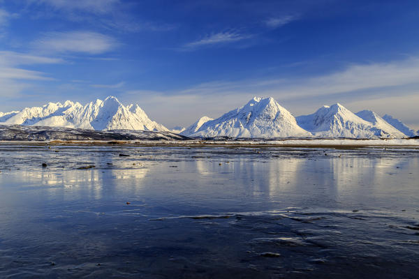 The blue sky and snow capped mountains are reflected in the frozen water 
Breivikeidet Lyngen Alps Tromsø Lapland Norway Europe