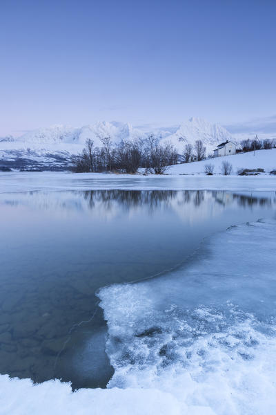 Snowy peaks are reflected in the frozen Lake Jaegervatnet at sunset Stortind
Lyngen Alps Tromsø Lapland Norway Europe