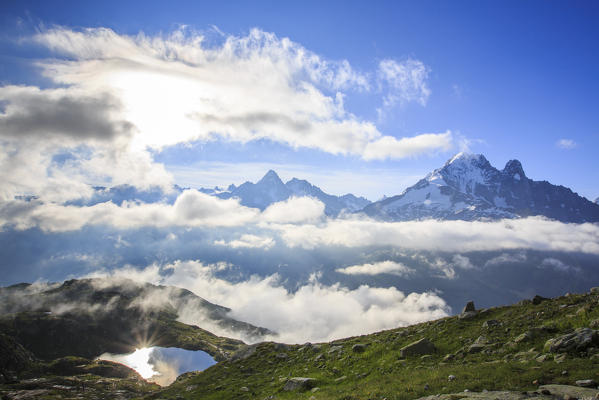 Low clouds and mist around Lac De Cheserys Chamonix Haute Savoie France Europe