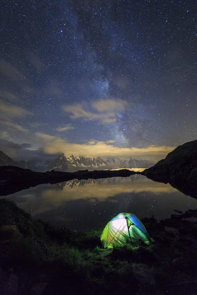 Camping under the stars and Milky Way on the shores of Lac de Cheserys  Chamonix Haute Savoie France Europe