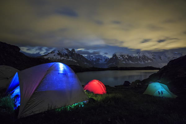 Night camping on Lac de Cheserys Chamonix Haute Savoie France Europe