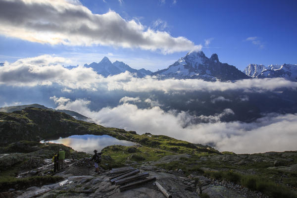 Low clouds and mist around Lac De Cheserys Chamonix Haute Savoie France Europe