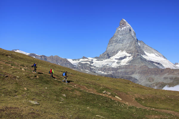 Hikers proceed with the Matterhorn in background in a clear summer day Gornergrat Canton of Valais Switzerland Europe