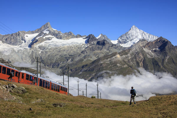 Hikers and the red Bahn train with the peak of Dent Herens in the background Gornergrat Canton of Valais Switzerland Europe